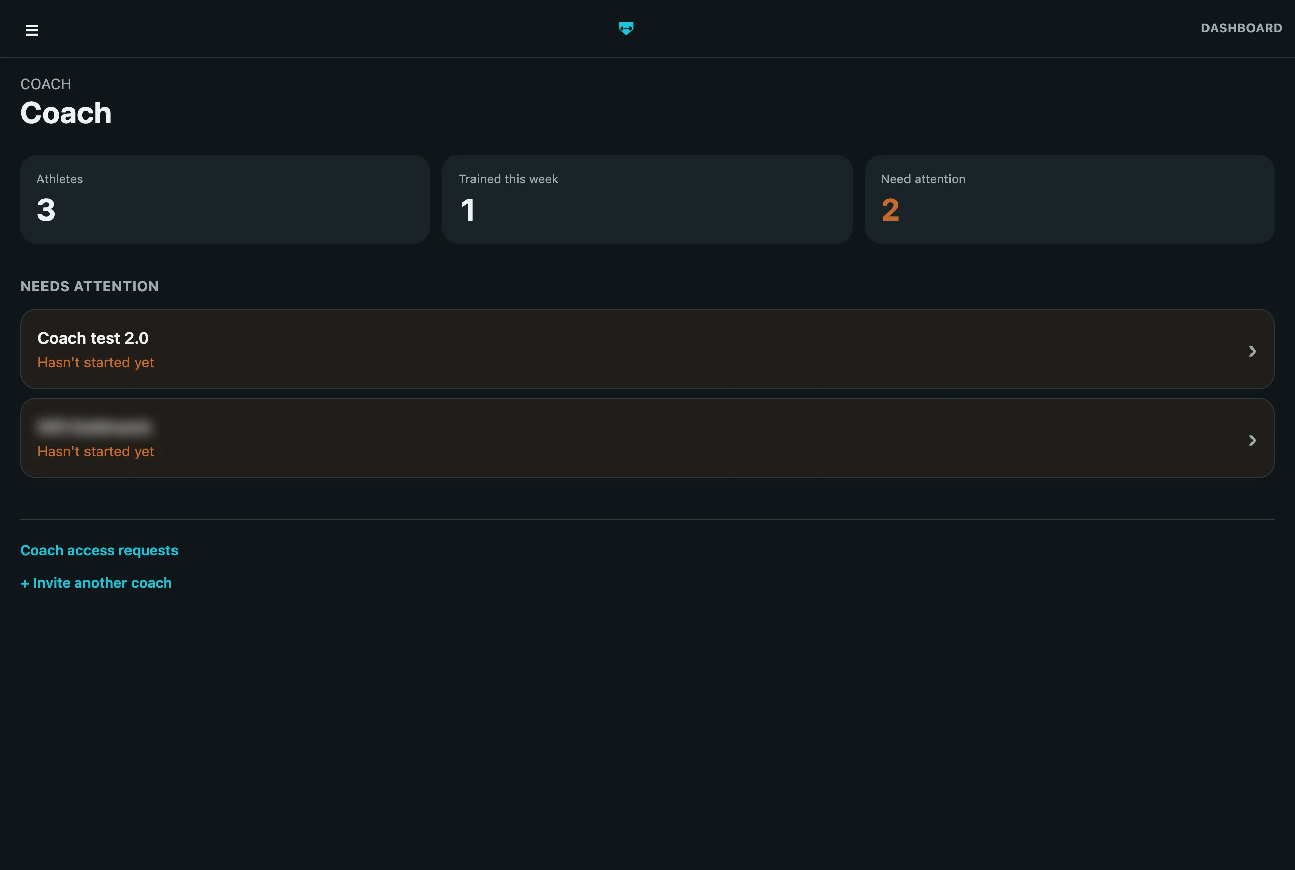 The DiamondReps coach dashboard showing athlete counts, who trained this week, and which athletes need attention